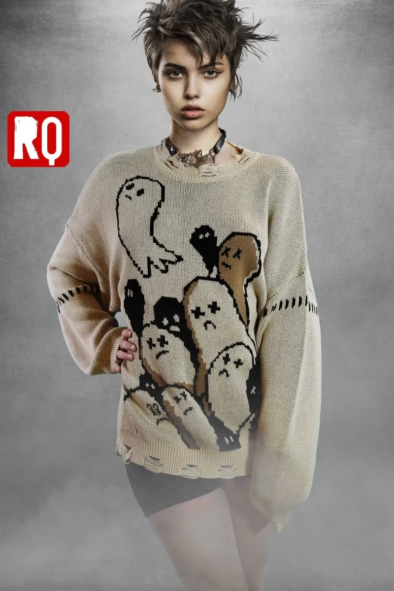 8 bit Ghosts distressed sweater