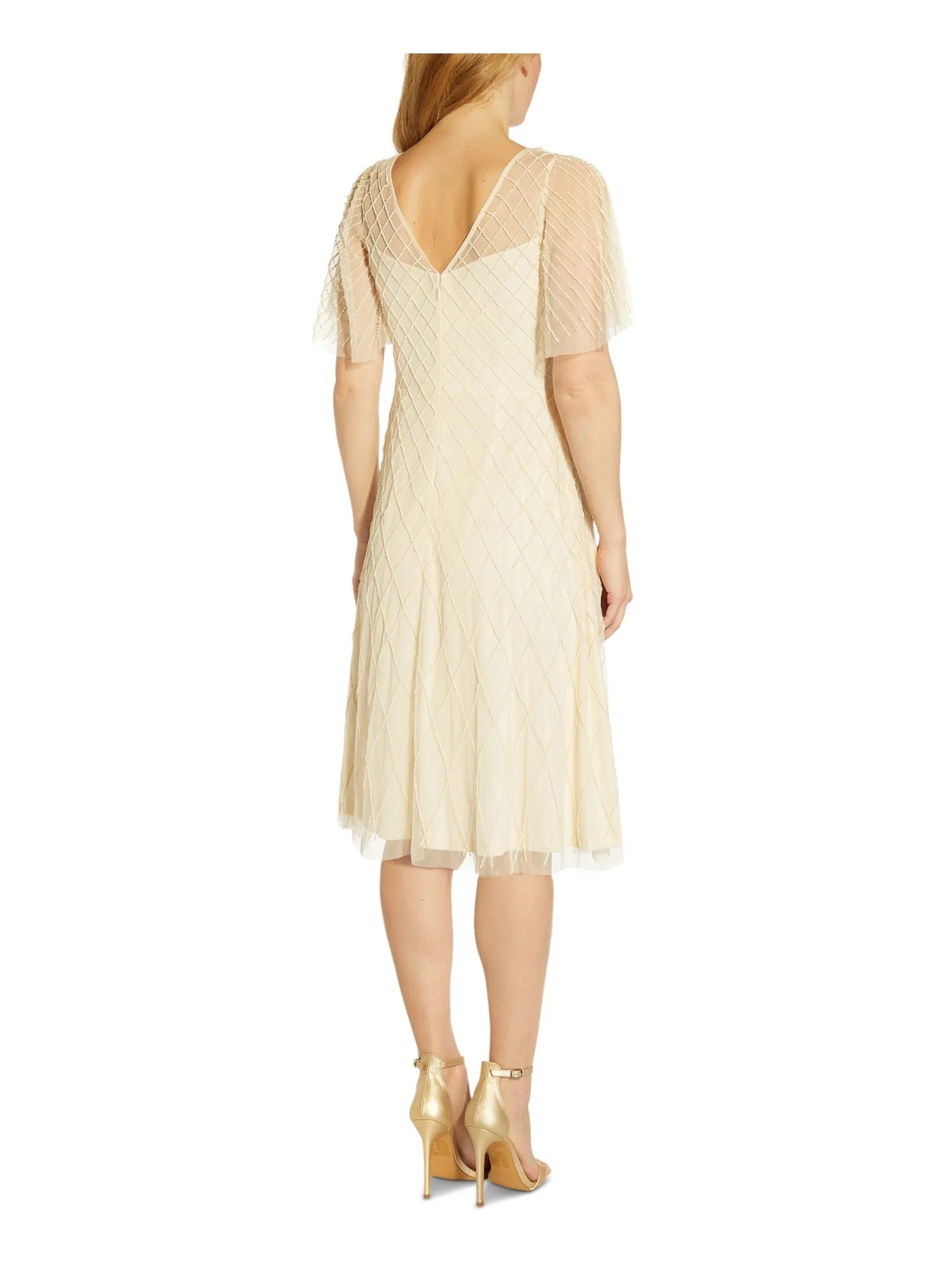 ADRIANNA PAPELL Womens Beige Embellished Zippered Lined Sheer V Back Flutter Sleeve Boat Neck Knee Length Evening Fit   Flare Dress