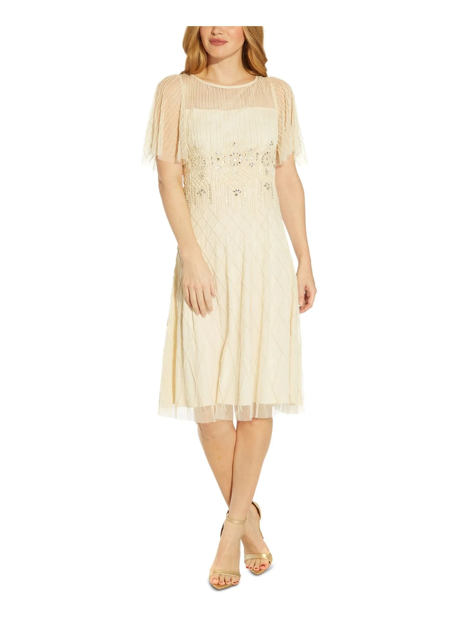 ADRIANNA PAPELL Womens Beige Embellished Zippered Lined Sheer V Back Flutter Sleeve Boat Neck Knee Length Evening Fit   Flare Dress