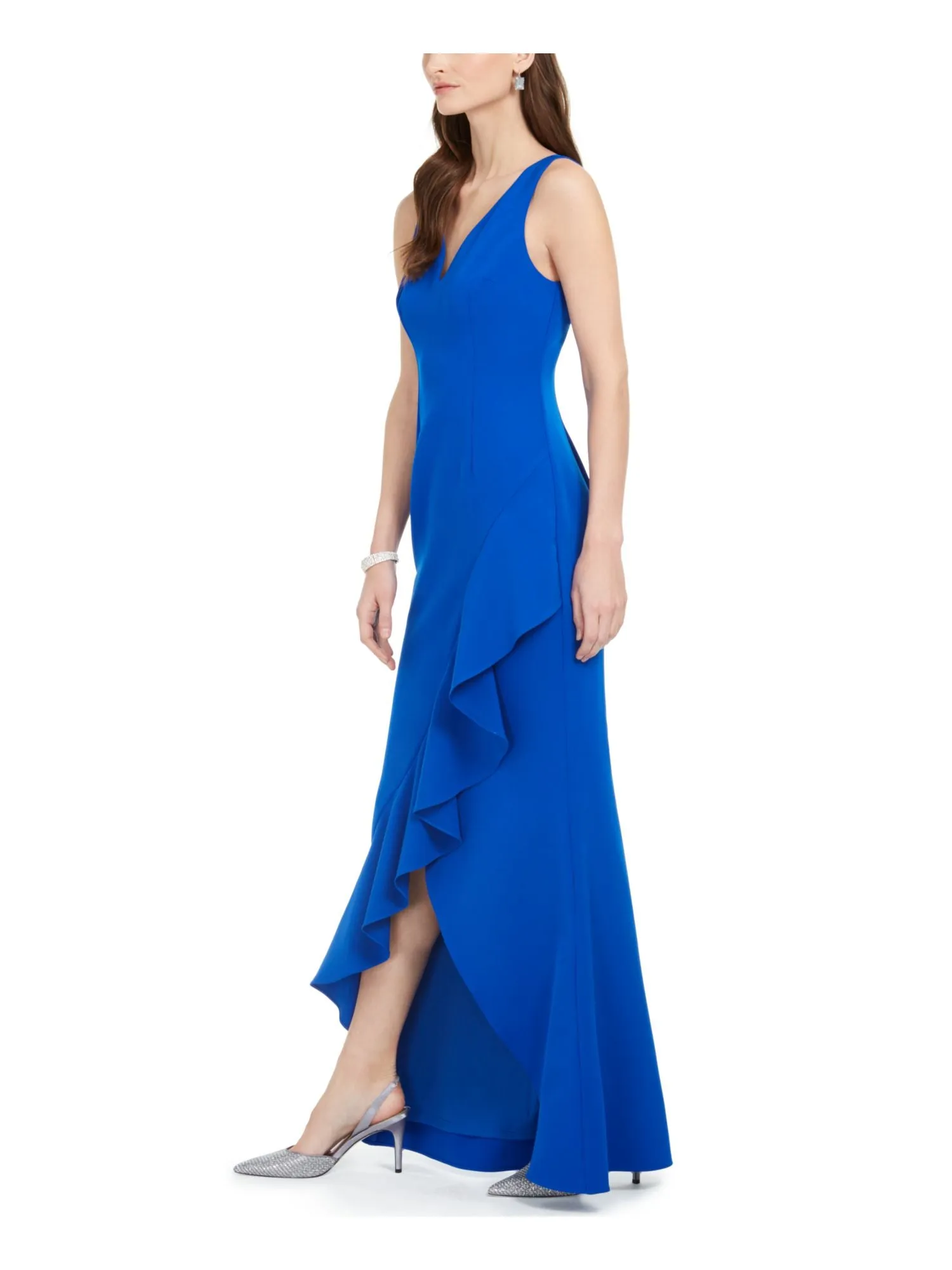 ADRIANNA PAPELL Womens Blue Slitted Sleeveless V Neck Full-Length Formal Sheath Dress