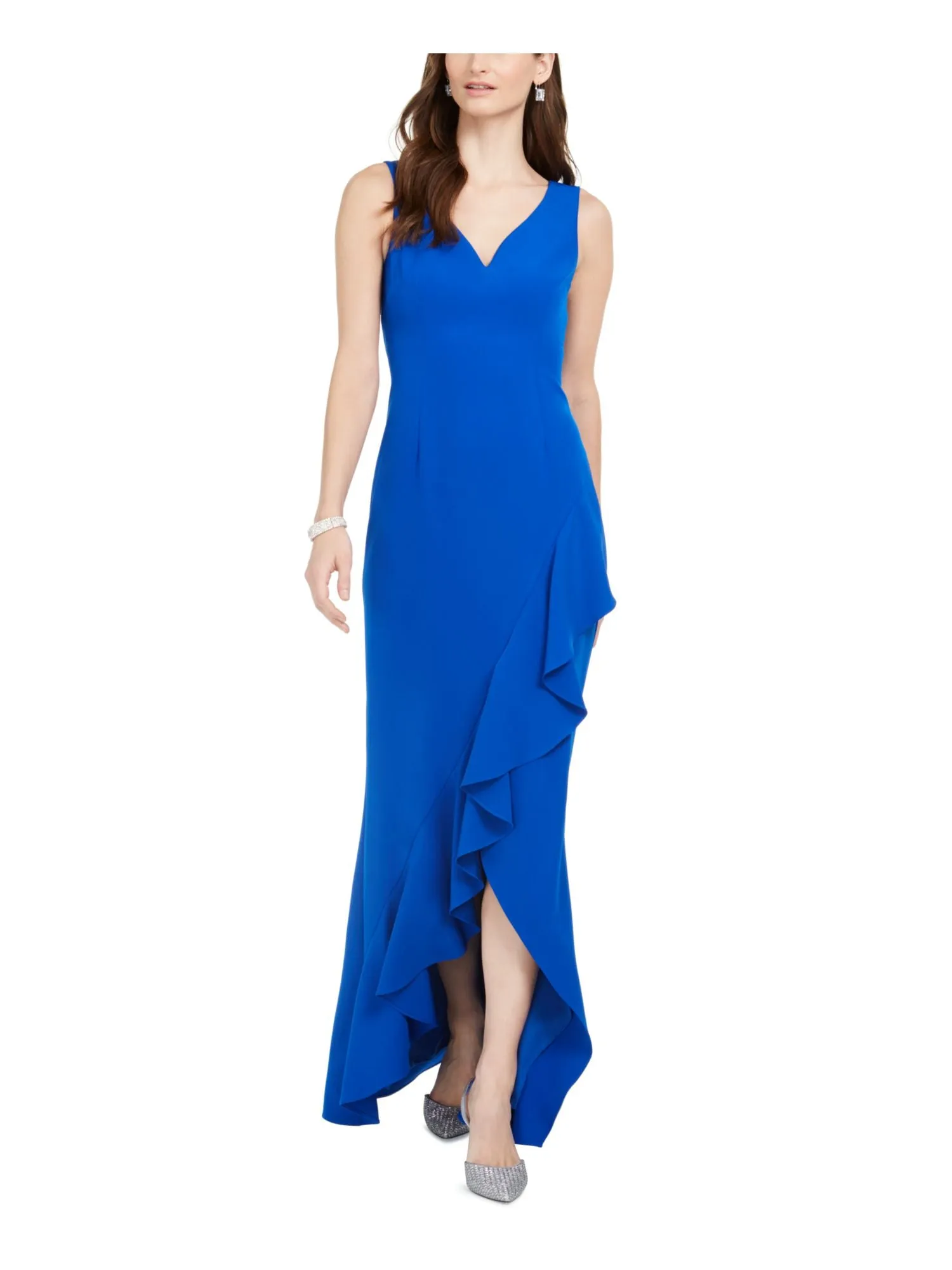 ADRIANNA PAPELL Womens Blue Slitted Sleeveless V Neck Full-Length Formal Sheath Dress