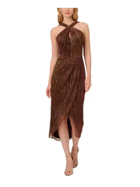 ADRIANNA PAPELL Womens Brown Metallic Zippered Crinkle-pleated Lined Keyhole Pinstripe Sleeveless Halter Tea-Length Evening Sheath Dress