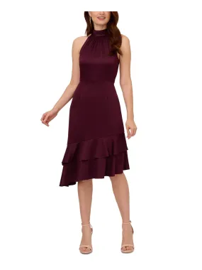 ADRIANNA PAPELL Womens Burgundy Ruched Zippered Double Ruffled Asymmetric Hem Sleeveless Halter Below The Knee Party Fit   Flare Dress