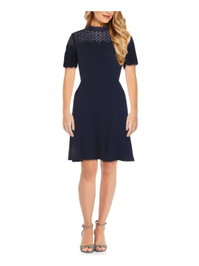 ADRIANNA PAPELL Womens Embroidered Short Sleeve Mock Neck Above The Knee Party Fit   Flare Dress