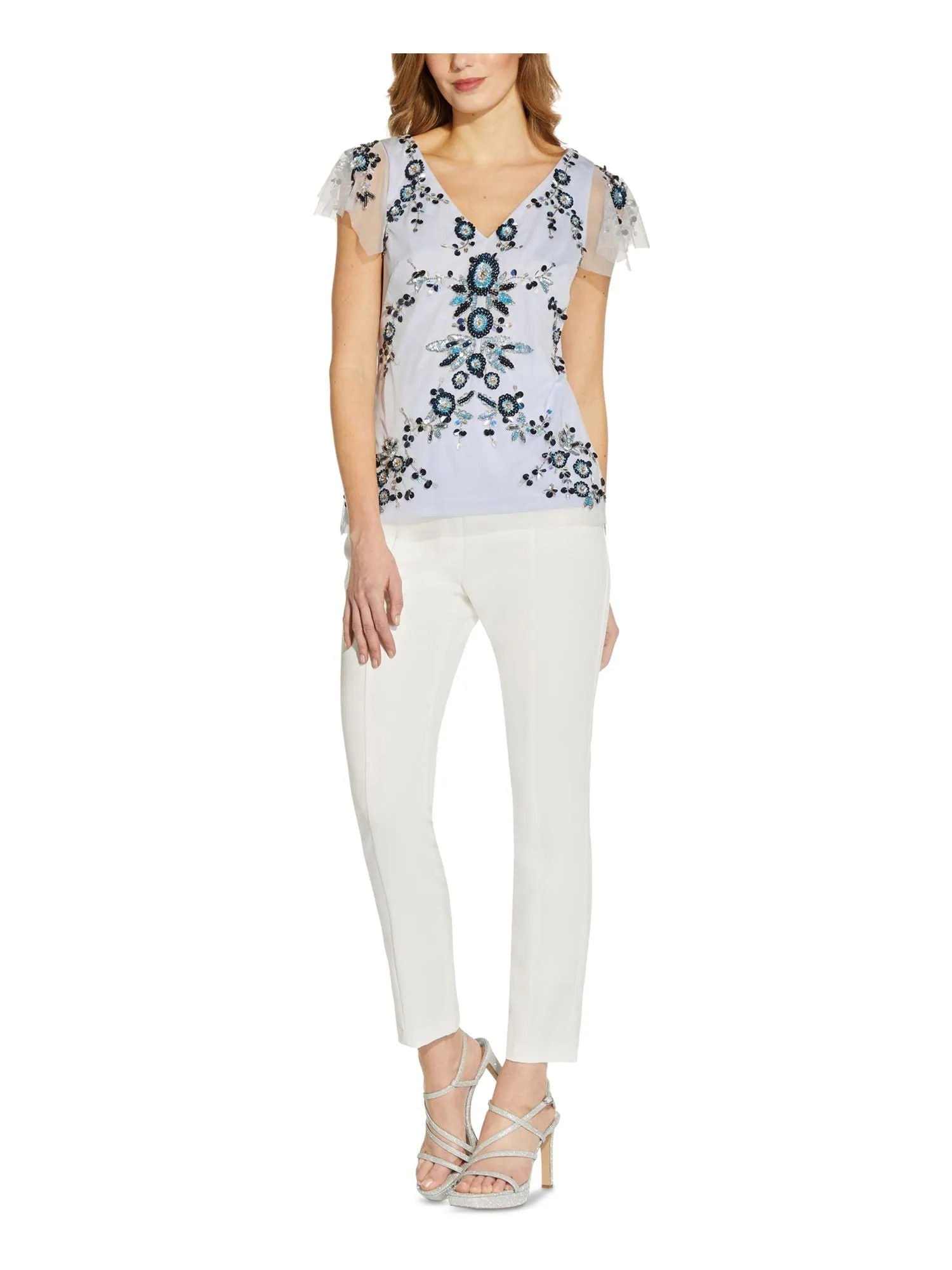 ADRIANNA PAPELL Womens Light Blue Embellished Sequined Zippered Lined Mesh Floral Flutter Sleeve V Neck Wear To Work Top