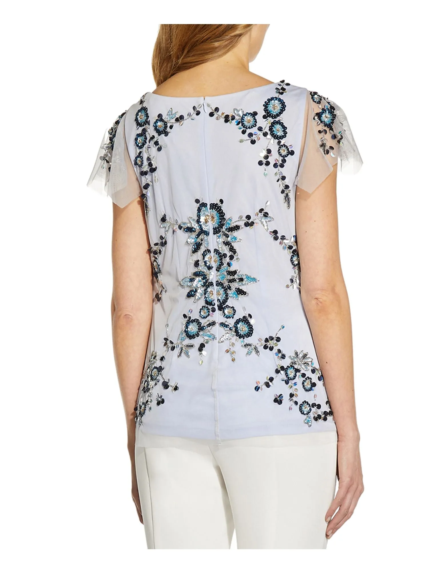 ADRIANNA PAPELL Womens Light Blue Embellished Sequined Zippered Lined Mesh Floral Flutter Sleeve V Neck Wear To Work Top