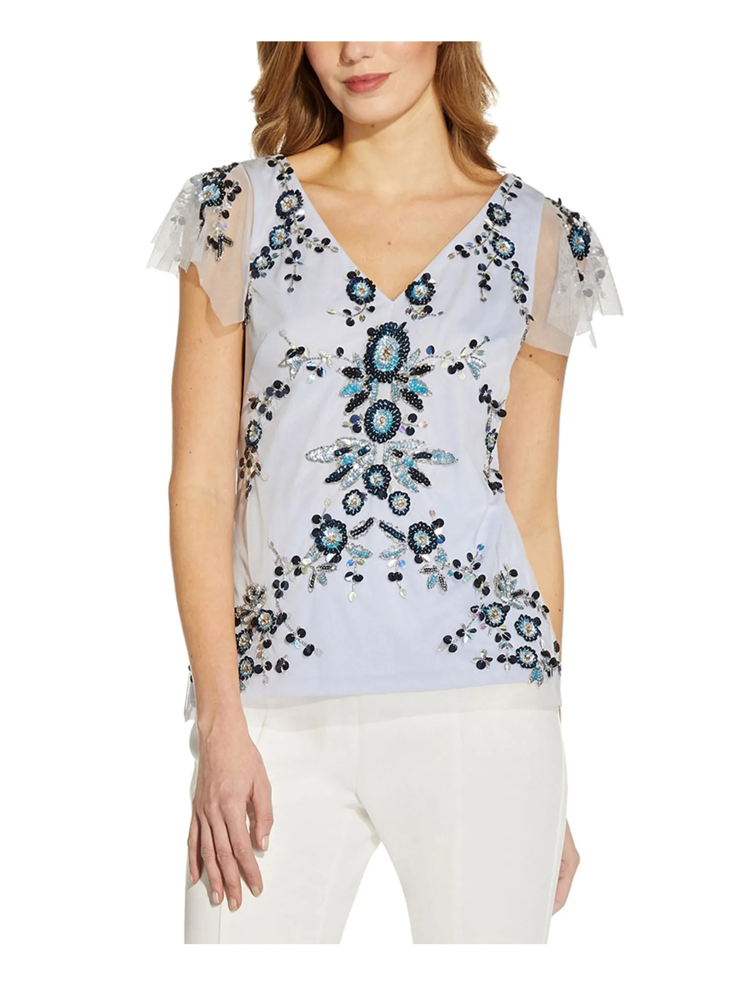 ADRIANNA PAPELL Womens Light Blue Embellished Sequined Zippered Lined Mesh Floral Flutter Sleeve V Neck Wear To Work Top