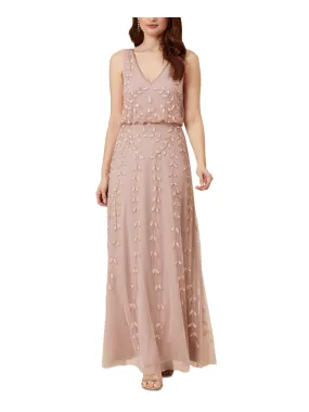 ADRIANNA PAPELL Womens Pink Embellished Zippered Blouson Bodice Lined Sleeveless V Neck Full-Length Evening Gown Dress