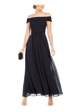 ADRIANNA PAPELL Womens Pleated Short Sleeve Off Shoulder Maxi Evening Fit   Flare Dress