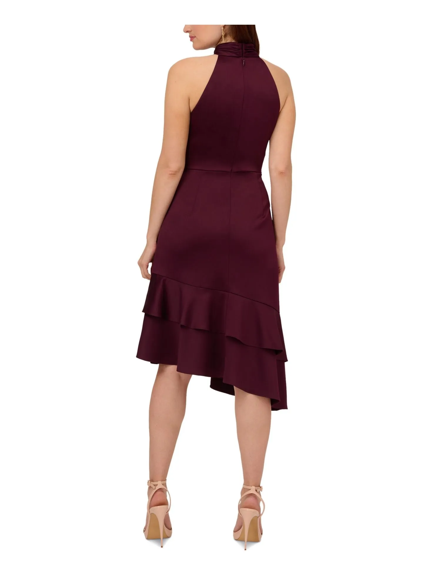 ADRIANNA PAPELL Womens Purple Ruched Zippered Double Ruffled Asymmetric Hem Sleeveless Halter Below The Knee Party Fit   Flare Dress