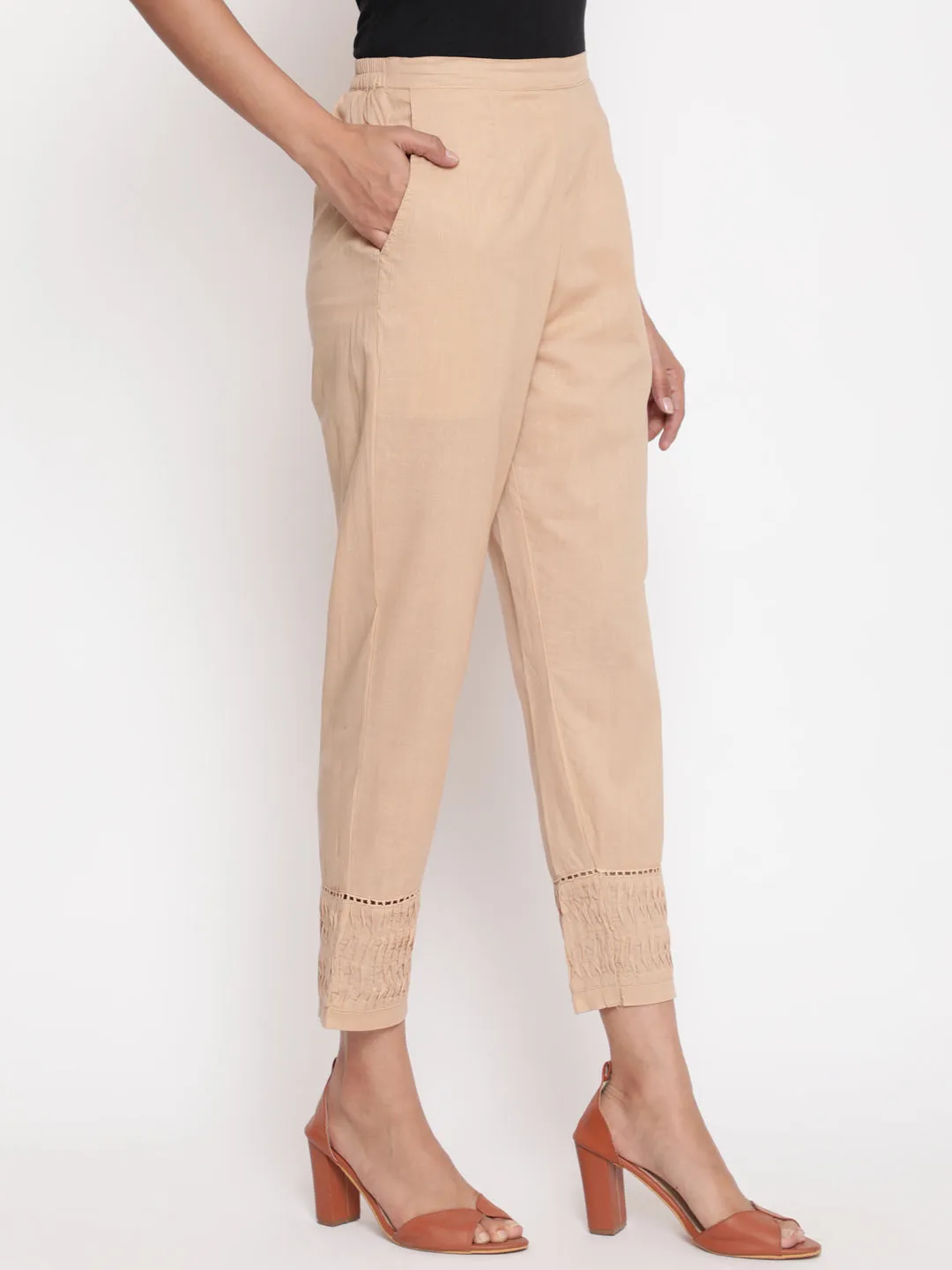 Beige Solid Straight Fit Cotton Pant