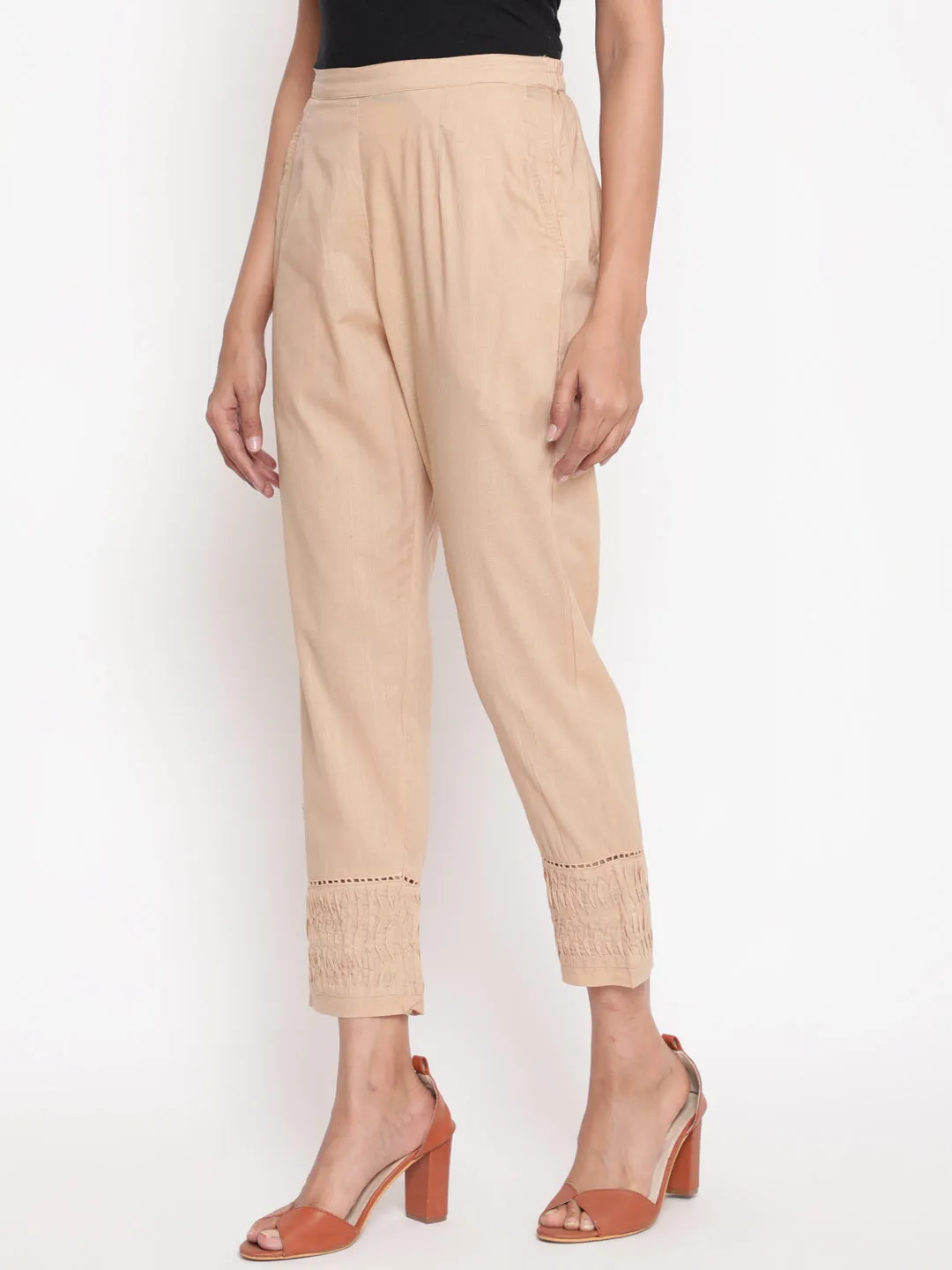 Beige Solid Straight Fit Cotton Pant