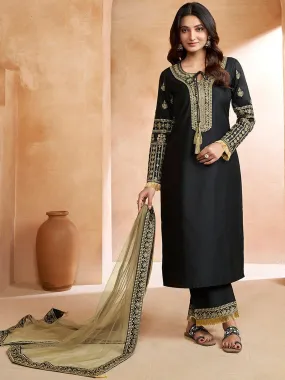 Black Ethnic Motifs Embroidered Thread Work Tie-Up Neck Kurta With Trousers & Dupatta