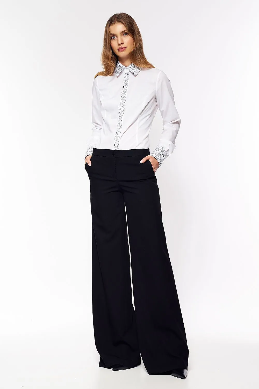 Chic White Office Shirt with Patterned Placket and Cuffs