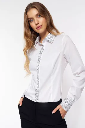 Chic White Office Shirt with Patterned Placket and Cuffs