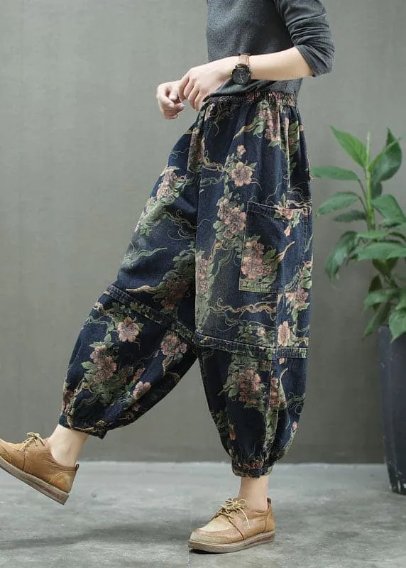 Elegant Blue Print denim lantern Trousers Spring