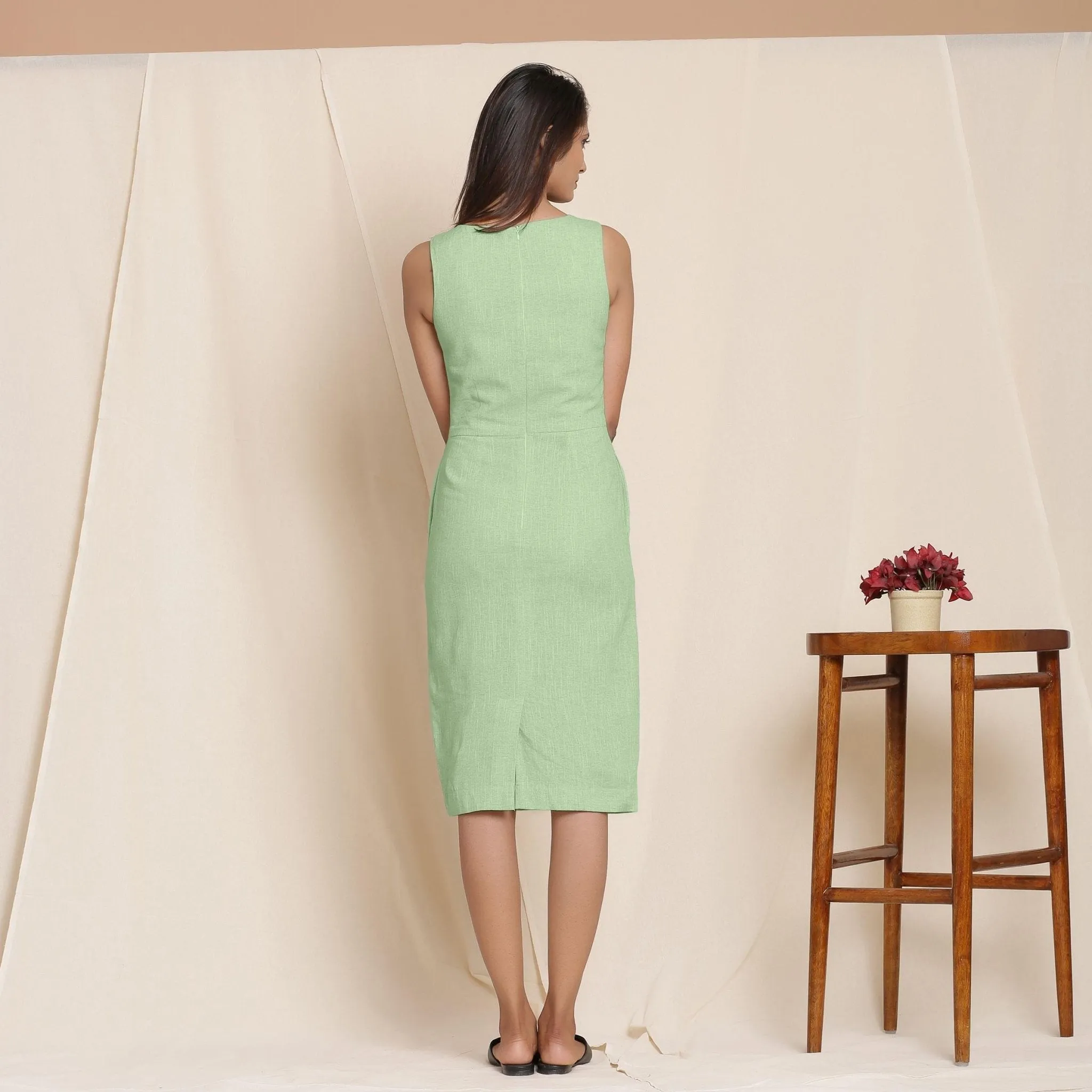 Green Yarn Dyed Cotton Knee Length Sheath Dress