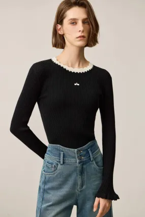 LILY Color-Block Ruffle Collar Fitted Sweater