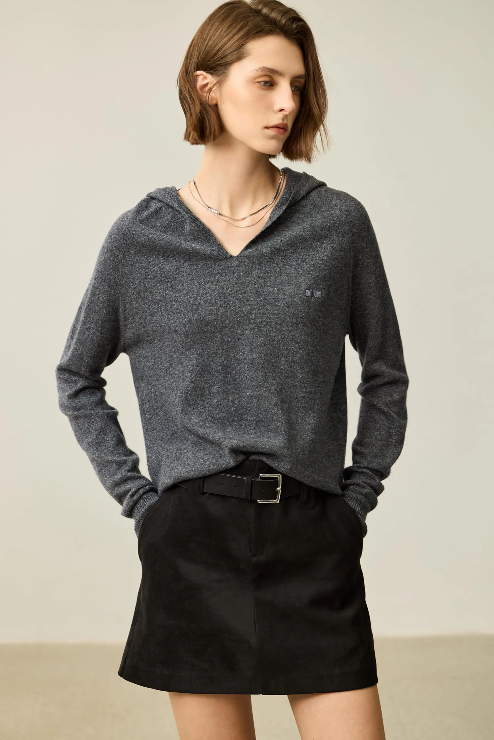 LILY Merino Wool V-Neck Hooded Sweater