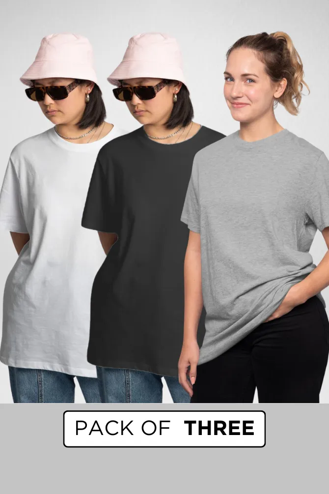 Pack Of 3 Oversized T-Shirts White Black and Grey Melange for Women