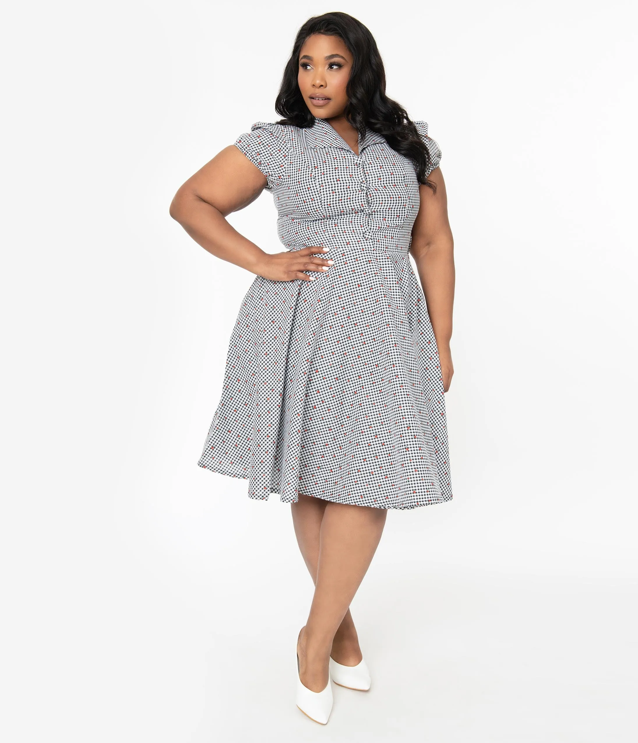 Plus Size Black & White Gingham Cherry Print Mona Swing Dress