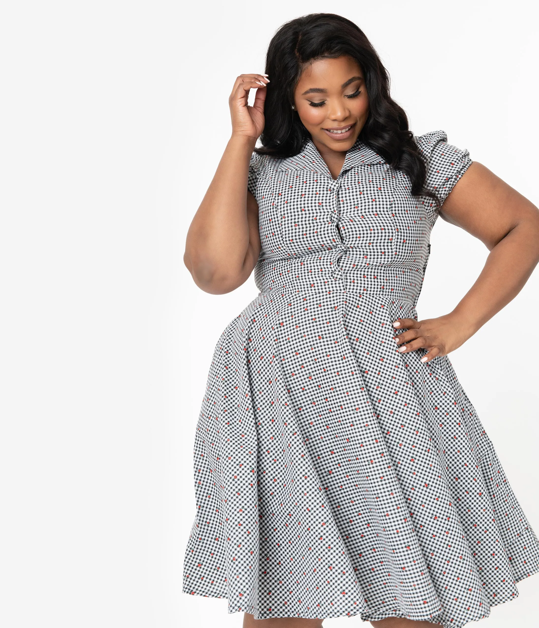 Plus Size Black & White Gingham Cherry Print Mona Swing Dress