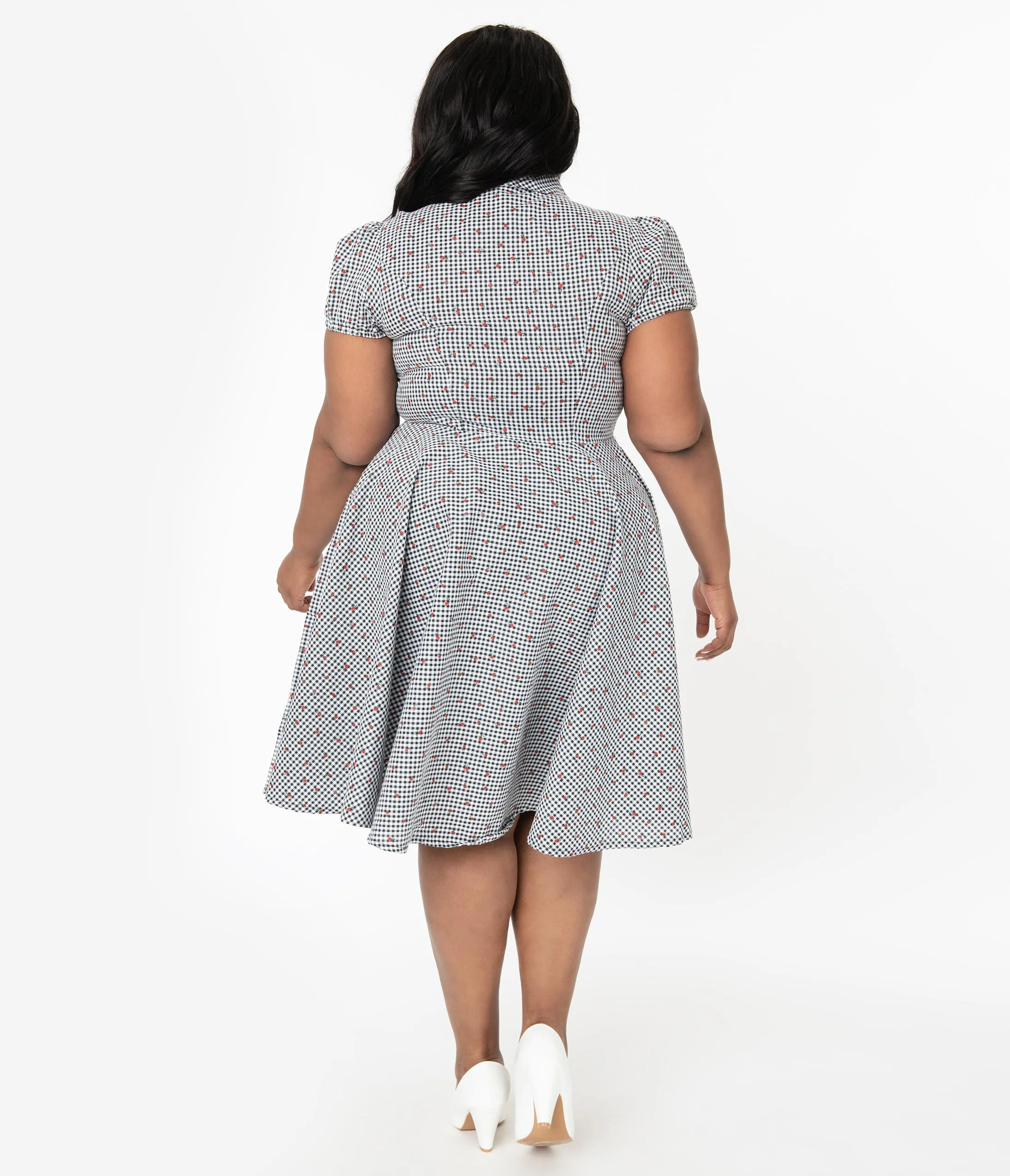 Plus Size Black & White Gingham Cherry Print Mona Swing Dress