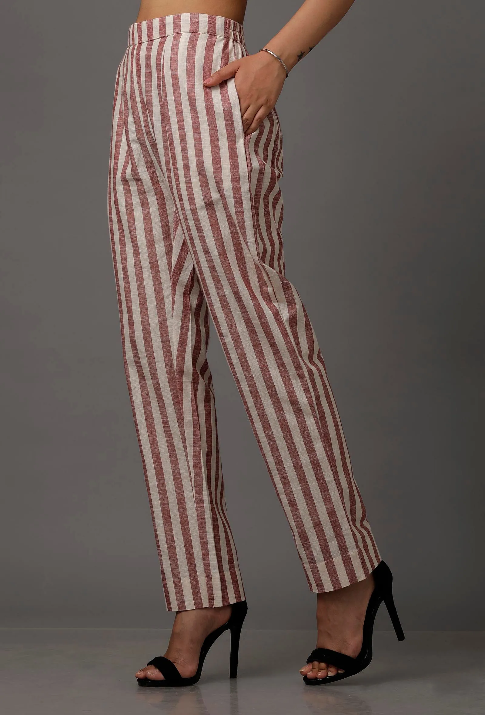 Red and White Stripes Pure Woven Cotton Pants