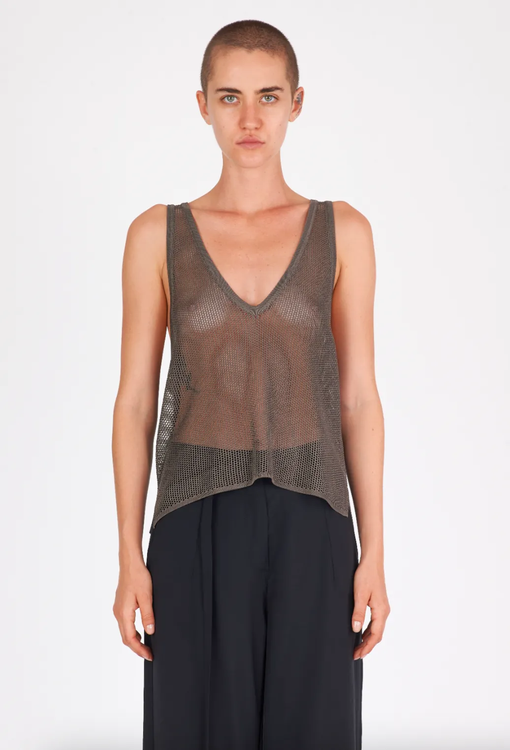 Shiny Viscose Mesh V Neck Tank - Mud