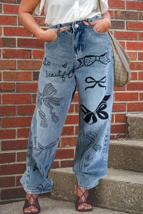 Stylish Hand Drawn Graffiti Wide Leg Jeans