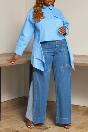 Stylish Patchwork Pockets Wide-Leg Jeans