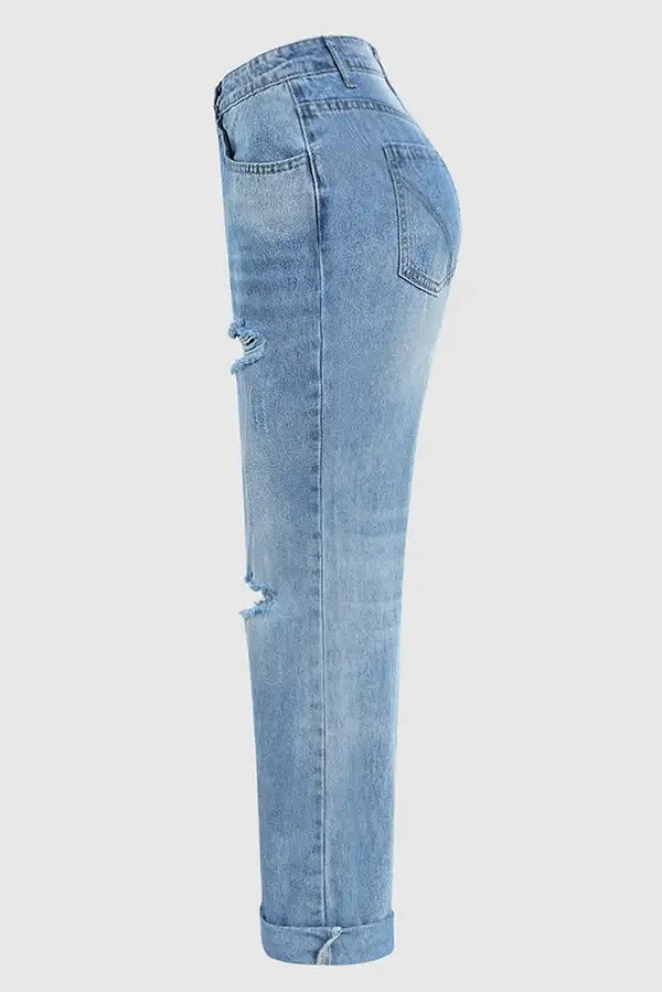 Stylish Ripped Low-rise Button Pocket Baggy Straight-leg Jeans