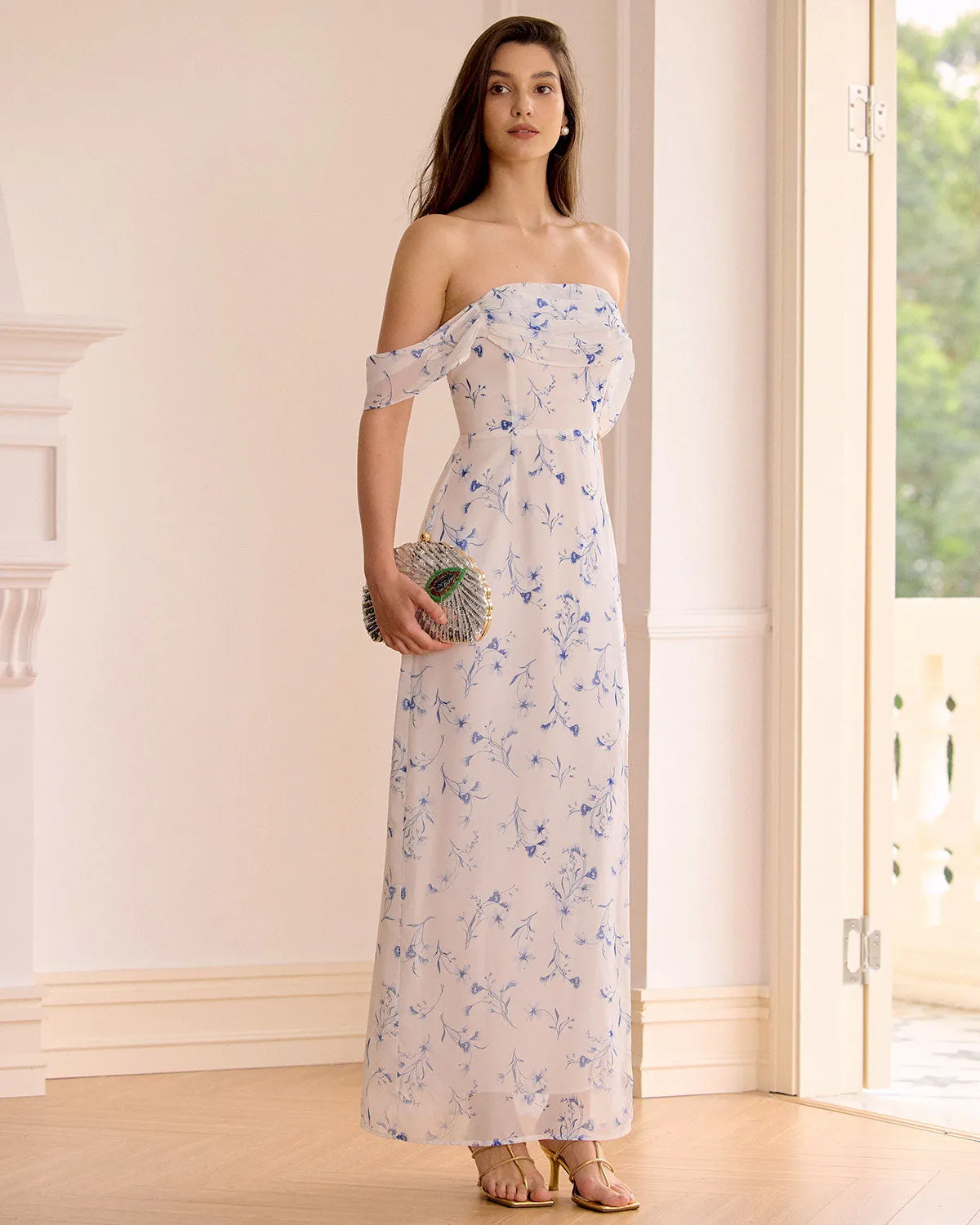 The White Floral Slit Strapless Maxi Dress