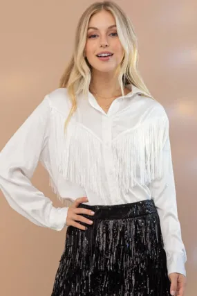 Western Satin Shirt Blouse with Chevron Fringe