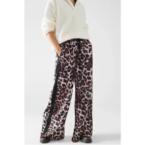 Wide Leg Leopard Pants with Satin Side Stripe