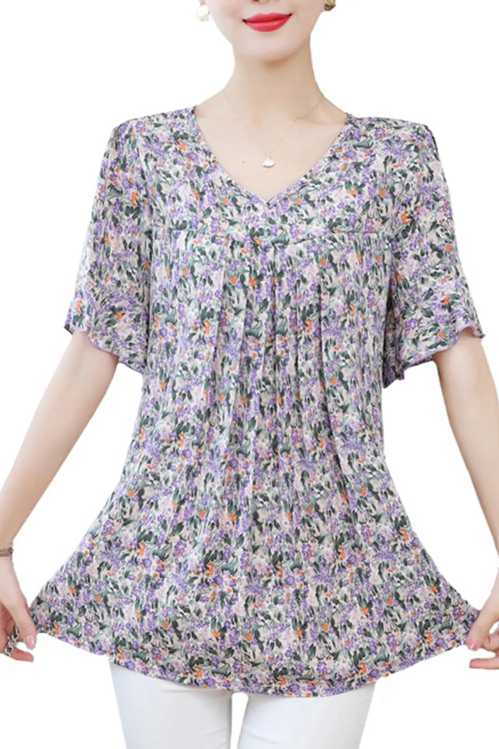 Women Floral Short Sleeve Loose Comfortable Summer Shirt - WSB103093