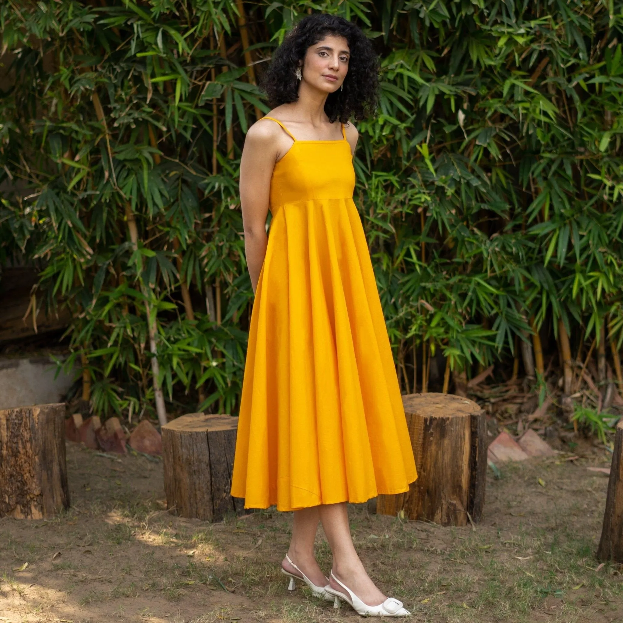 Yellow Cotton Poplin Fit and Flare Midi Empire Dress